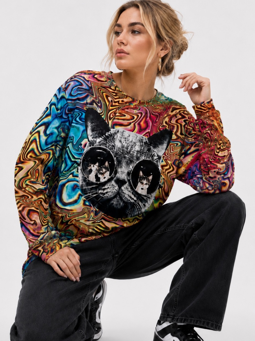 VTG Mr. 1991 Inc & Miss Go Psychedelic 3D Cat Sunglasses Sweatshirt - Size S